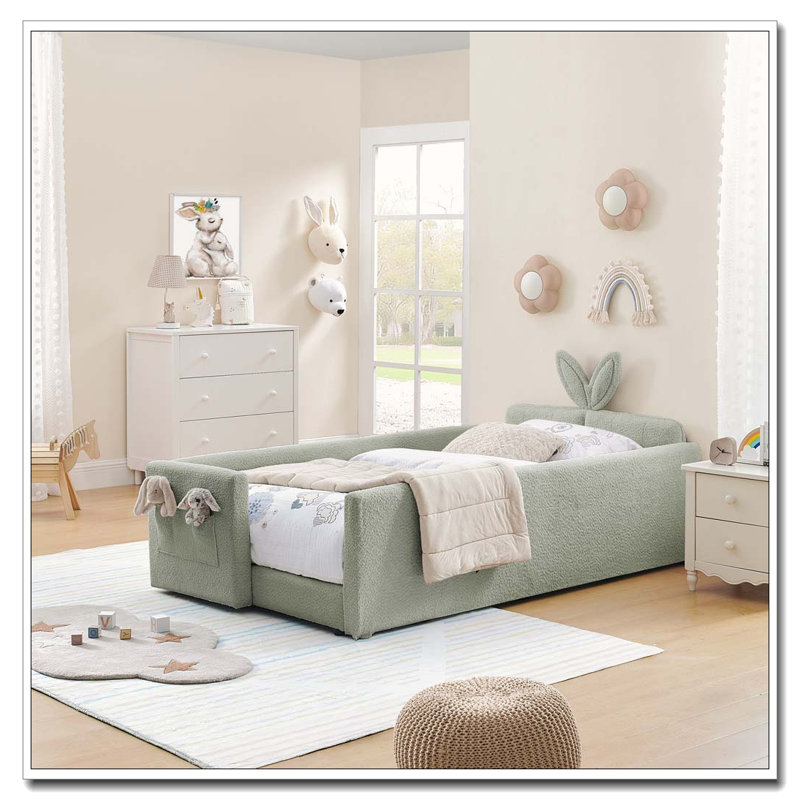 Lit plateforme tapissier simple avec tête de lit mignonne en forme d'oreille de lapin, Cyan