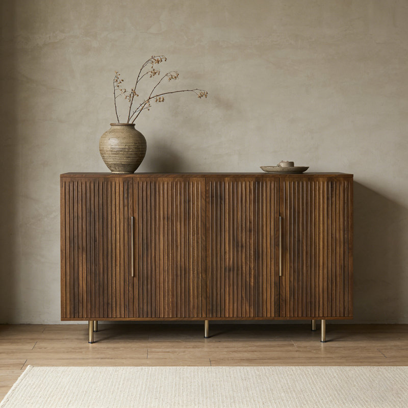 Buffet en bois moderne avec rangement, grand buffet cannelé avec tablettes réglables, crédence, console d'appoint, Brown