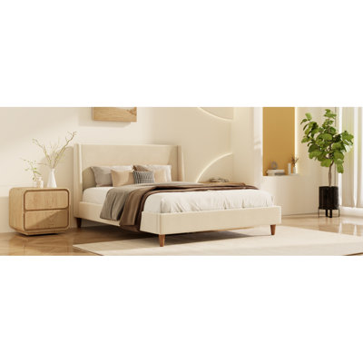 Modern Beige Velvet Upholstered Platform Bed With Wingback Headboard And Walnut Wooden Legs, No Box Spring Needed, Queen Size (Old SKU: BS701P276843C)