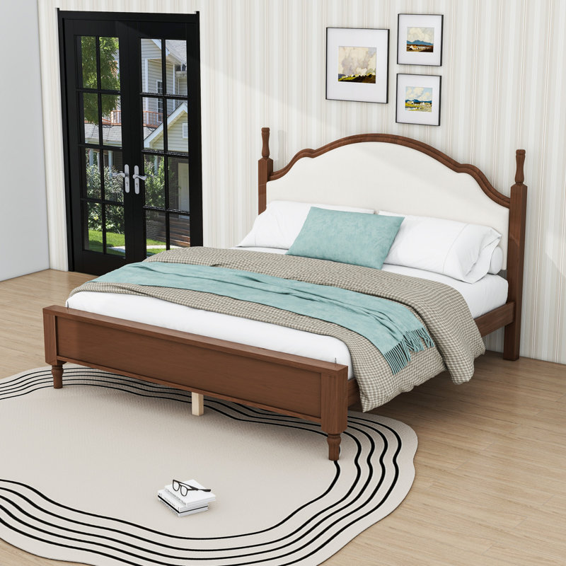 Base de lit plateforme en bois avec tête de lit, Très grand lit, Brown/Beige