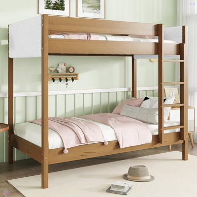 Lit superposé simple au-dessus de simple, structure de lit superposé tapissier avec échelle, garde-corps de sécurité, bois d'hévéa, tête et pied de lit en tissu molletonné