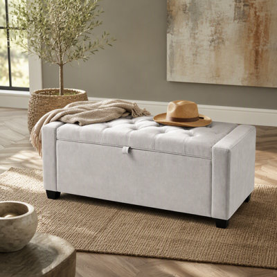 Banc de rangement avec repose-pieds en tissu chenille avec charnière de sécurité pour le salon, l'entrée et le couloir