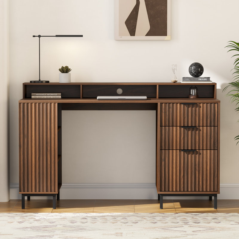 55" Fluted Executive Office Desk With Storage Shelf & File Drawer, Brown