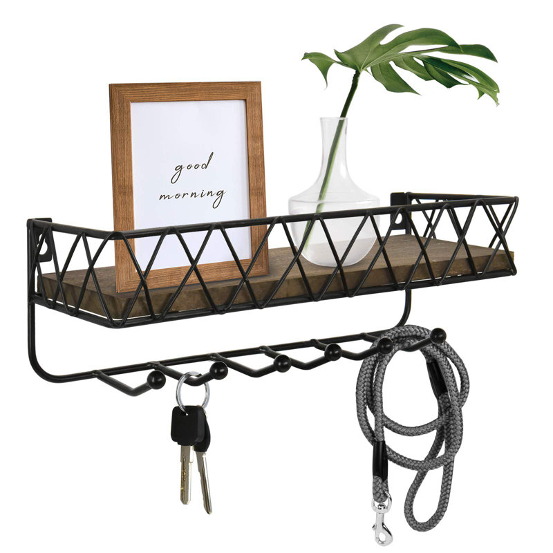 Decorative Key And Mail Holder For Wall, Wall Mounted Entryway Floating Shelf With 5 Key Hooks, Decorative Metal Wire Mesh Key Holder With Shelf For Wall, Entryway, Bathroom, Office