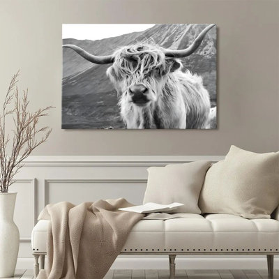 Framed Wall Art For Living Room Modern Canvas Art Wall Decor Print Painting Prints Pictures Highland Cow, Long Horns and Hair, Black and White Realistic Style Wall Art Picture For Bedroom Hotel Home Wall Decor, 2D Flat, Ready to Hang