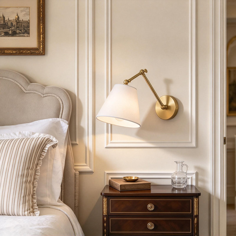 1-Light Plug-In Swing Arm Wall Sconce with White Fabric Shade and Brushed Gold Finish