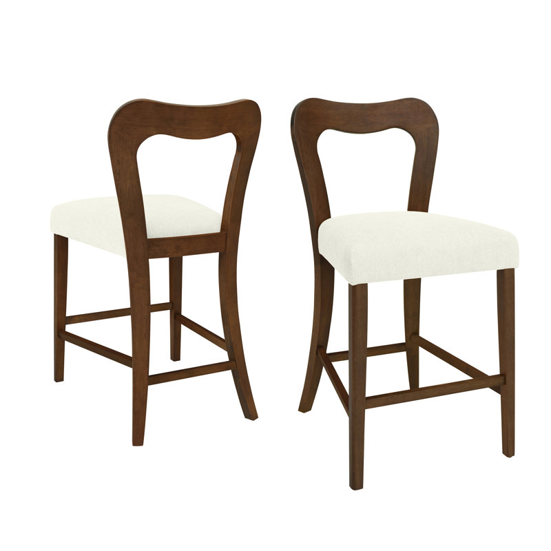 Coen 25.5" Seat Height Rubberwood Counter Stools With Curved Back, Beige Cushion/Walnut Frame