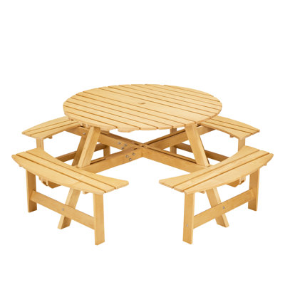 8 Person Round Picnic Table With 4 Built-In Benches. , Natural, Weather-, For Patio, Backyard, Garden - Benches Umbrella Hole Surface For Backyard And Porch