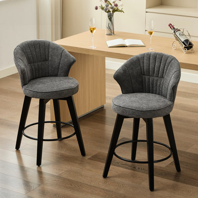 De 2 tabourets pivotants à hauteur de comptoir de 25 po, gris foncé, bois massif, revêtement en chenille, pieds de nivellement pour la cuisine et les tabourets de bar hauts, 2 pièces, tissu gris, pieds en bois, îlot de salle à manger