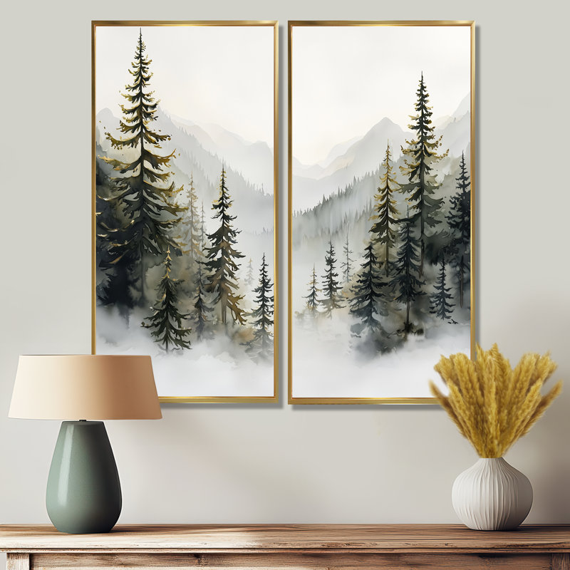 Green Pine Trees Mist Morning III - Tree Pine, grandes impressions sur toile, 2 pièces, H 40 po x l 40 po, Doré