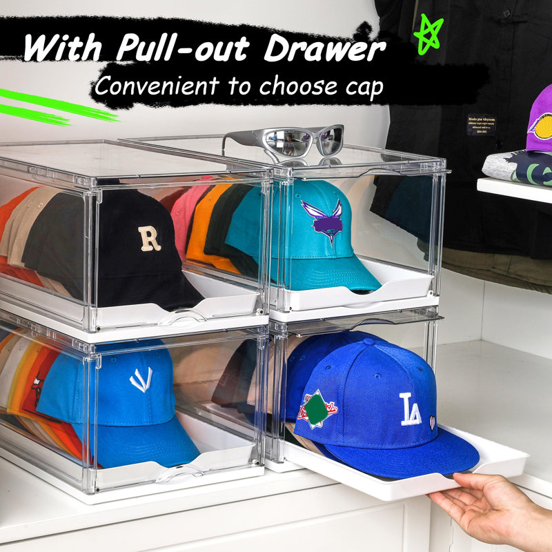 2 Pack Hat Organizer For Baseball Caps, Clear Hats Holder Box With Drawer, Large Cap Storage With Sliding Tray, Stackable Rack Display Case With Magnetic Door, Each Holds 12 Hats