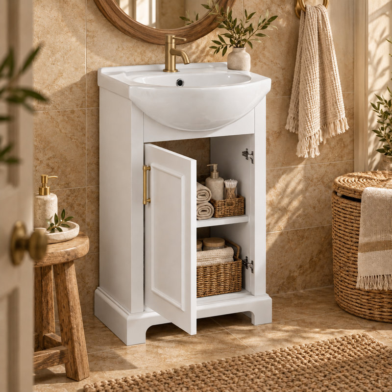 Meuble-lavabo de petite taille (20 po) avec lavabo en céramique, armoire autoportante à une porte avec étagères de rangement
