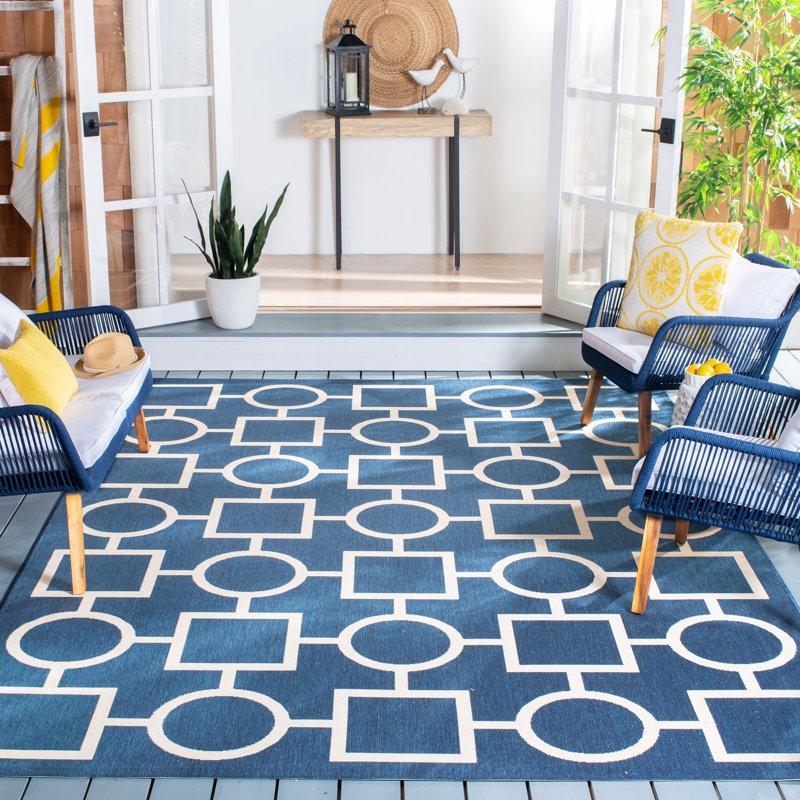 Arneshia Cotton Blue/Beige Area Rug, Rectangle 6'7" x 9'6"