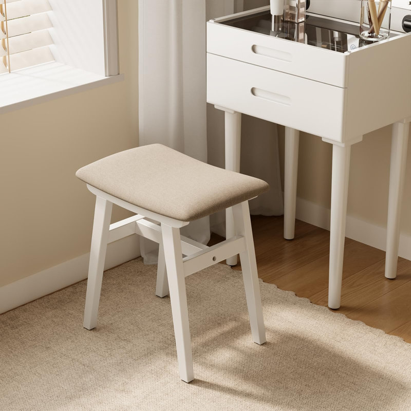 Tabouret de coiffeuse en bois massif, fauteuil de maquillage compact avec coussin de selle, Blanc