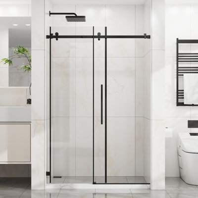 Glass Shower Door With 1/4" 6Mm Tempered Glass, Stainless Steel Rollers, Matte Black Finish, Easy Installation In Bathroom