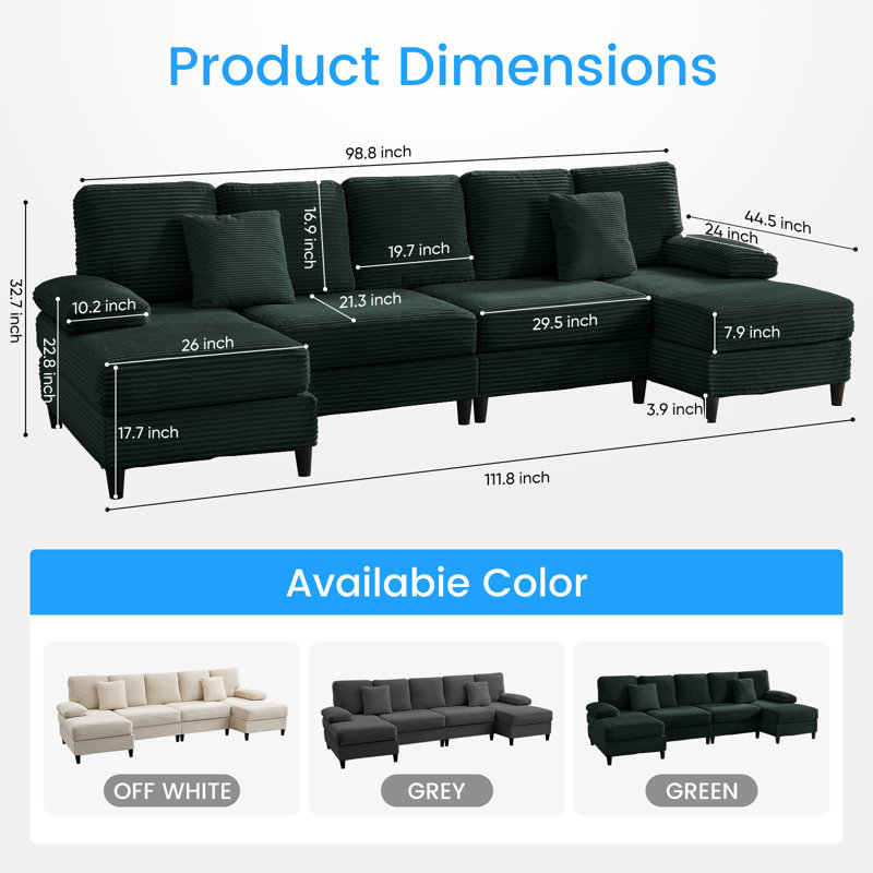 6 Seat U-Shaped Sectional Sofa With Double Chaises And Pillow,111" Wide Modern Soft  Corduroy Sectional Couches For Living Room,Loft, Apartment