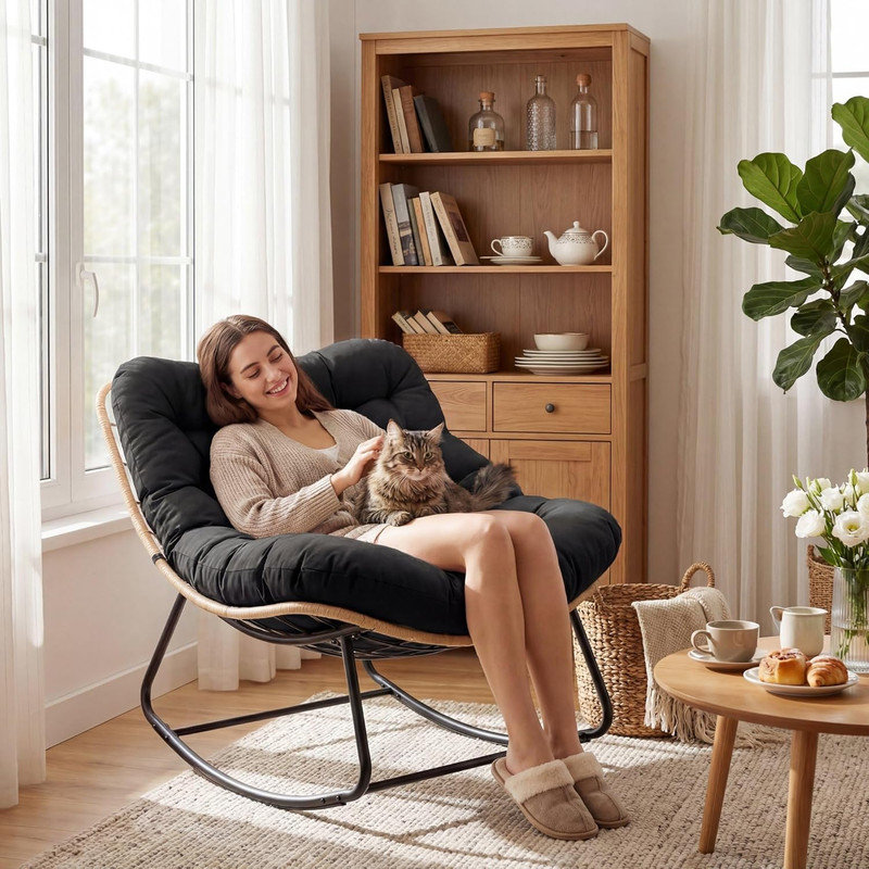 Chaise berçante d'une capacité de 450 lb avec coussin épais - Structure en métal robuste, tissu résistant à l'eau, pieds arqués simples pour le patio, le jardin et le salon