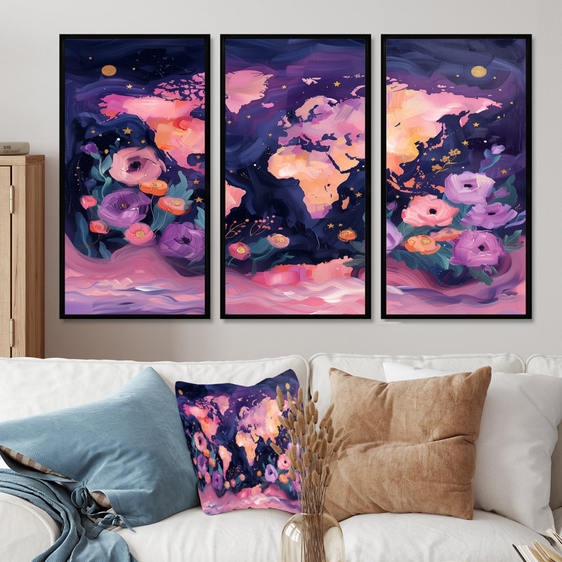 Carte mauve rose du monde Blooms II, Toile avec cadre flottant noir, H 12 po x l 28 po x P 1 po