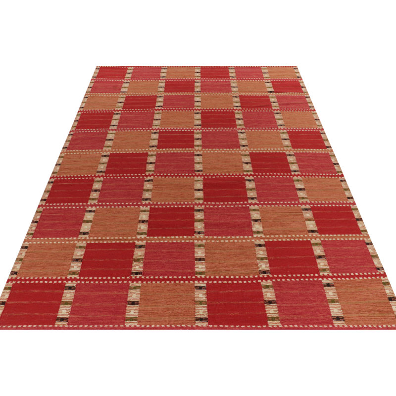 Scandinavian Rug In Red Pink, Beige Geometric Pattern By Rug & Kilim, Rectangle 12' x 15'