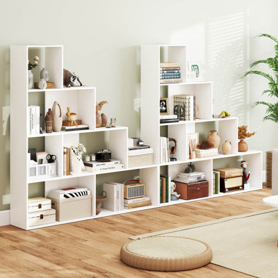 1 Pcs 4-tier Bookshelf With 6 Storage Cubes 64" Tall Modern Geometric Stair Bookcase