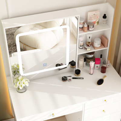 100cm Wide Dressing Table with Sliding 3-Colour LED Mirror & 5 Drawers - Compact Vanity with Stool