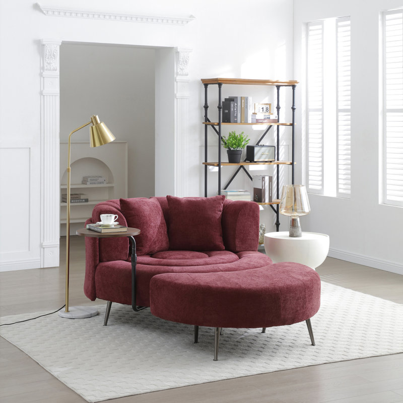 Fauteuil demi-tonneau surdimensionné avec repose-pieds, Chenille bourgogne