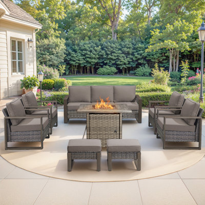 Palomares 8-Piece Outdoor Wicker Patio Square Fire Pit Conversation Set With 4 Armchairs And 2 Ottomans
