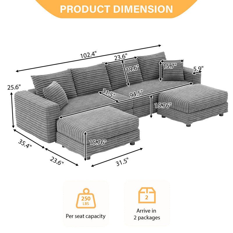 Canapé modulaire 4 pièces en velours côtelé de 102,4 po de large avec repose-pieds rembourré pour salon, appartement