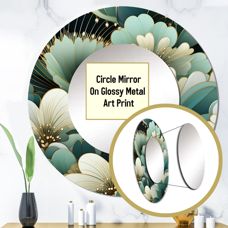 Rondee Damask Green Art Decor Pattern - damask  Decorative Mirror, Boho Round Wall Mirror, Printed Metal Art, 23" x 23"