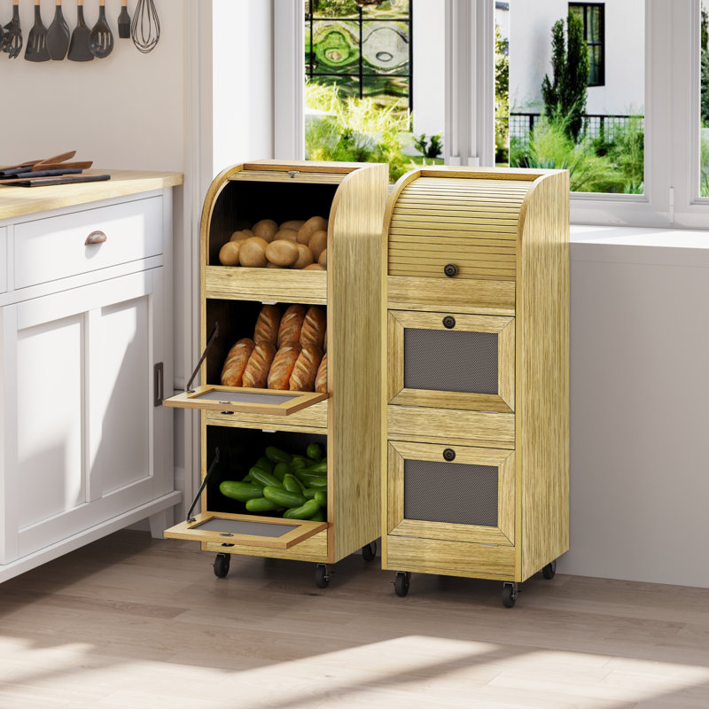 38" Potato Storage Bin, 3-Tier Roll Top Bread Box, Movable Wood Onion Storage with Wheels and 3 Cabinets, Vegetable Organization Cabinet for Kitchen