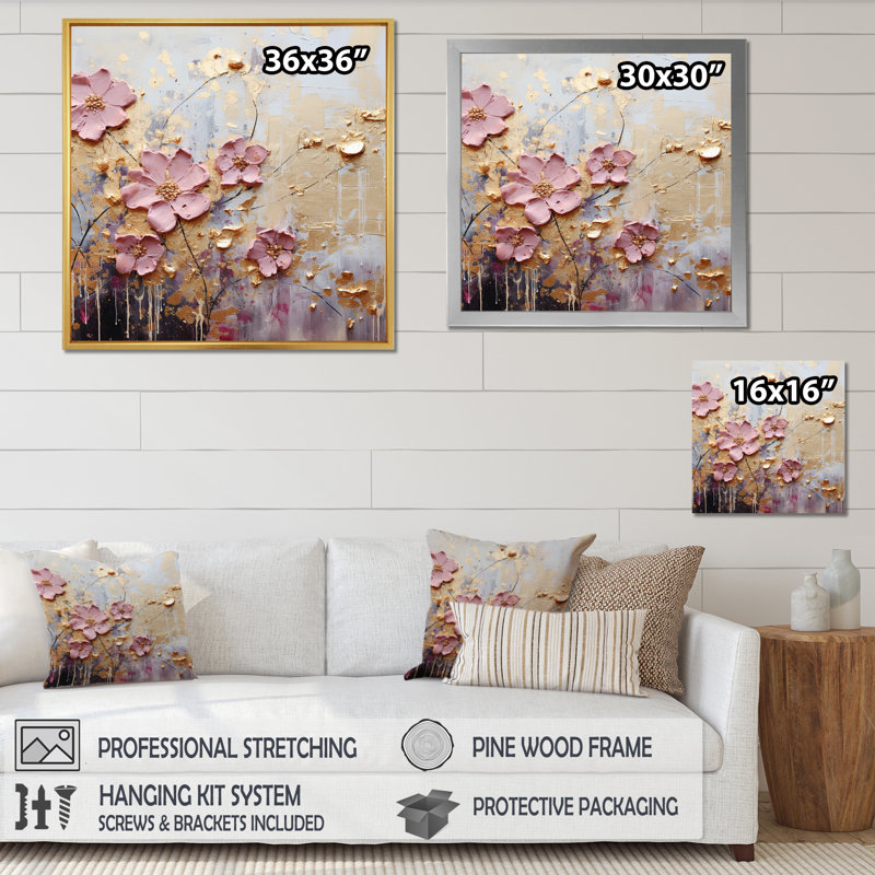 Fleurs de cerisier minimalistes - fleurs d'art cerisier en fleurs, H 16 po x l 16 po, Cadre flottant brun