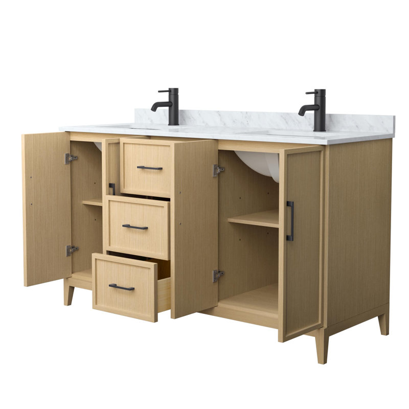 Elan 66'' Double Bathroom Vanity with Marble Top, Tan, Matte Black, 60"