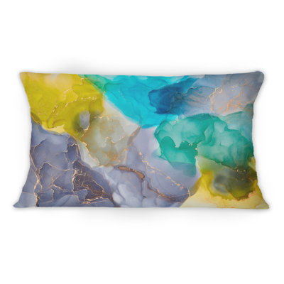 Turquoise et jaune, art abstrait fluide de luxe - imprimé moderne, coussin décoratif 12 po x 20 po