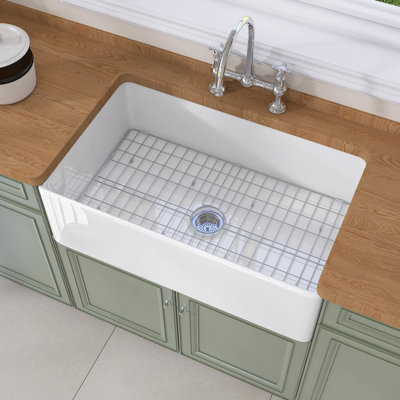 Évier de cuisine à tablier en argile réfractaire simple 33 po x l 20 po avec grille d'évier et crépine