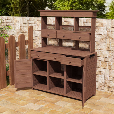 Rustic Garden Potting Bench Table with Hutch, 6 Drawers, Shelves, 2 Cabinets and Side Hooks