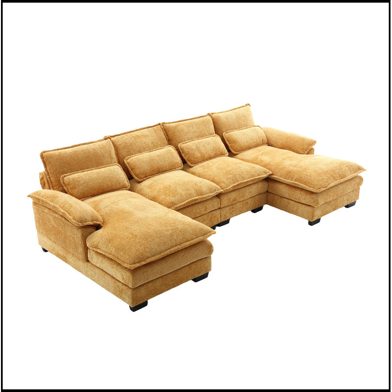 Grand canapé modulaire moderne en U en chenille, Boucle jaune moutarde