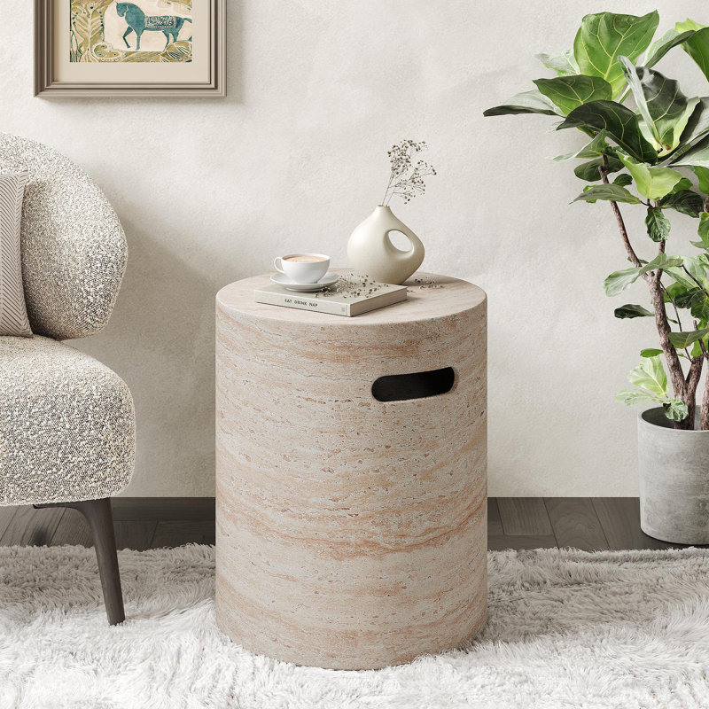 Table d'appoint d'extérieur / d'intérieur en béton léger avec poignées latérales, finition travertin