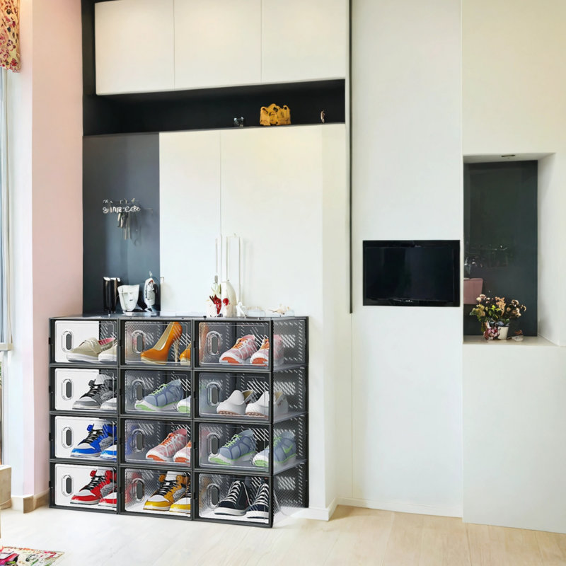 12-Piece Stackable Shoe Cabinet With Transparent Front Door Plastic Sneaker Storage Box