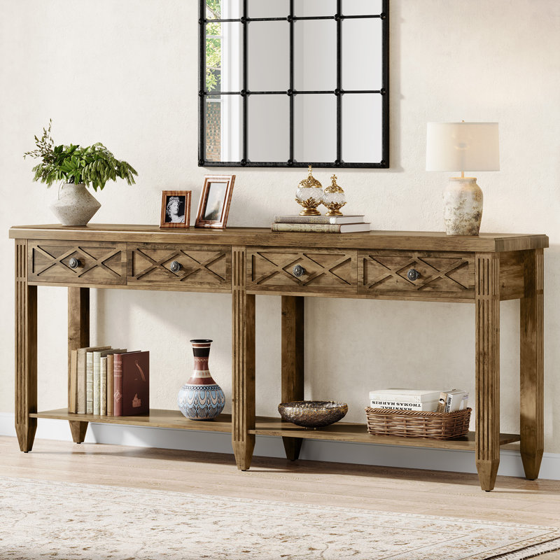 71-Inch 4-Drawer Extra Long Console Table, Farmhouse Sofa Tables with Bottom Storage Partition,