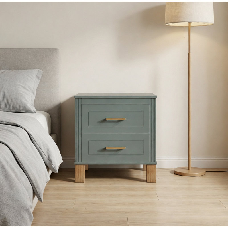 Table de chevet 2 tiroirs Premium avec pieds en bois massif durable pour la chambre à coucher et le salon, Blue