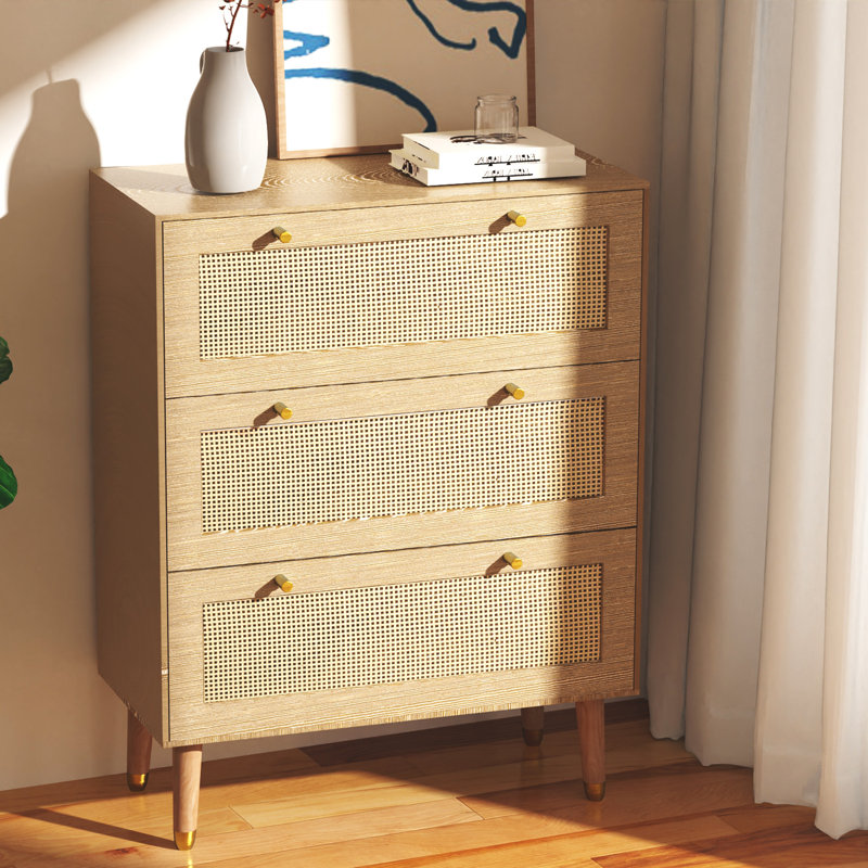 Commode 3 tiroirs pour la chambre à coucher, commode en bois massif de commode en rotin, rangement spacieux avec poignées en métal, pour le couloir de la chambre à coucher, Oaken