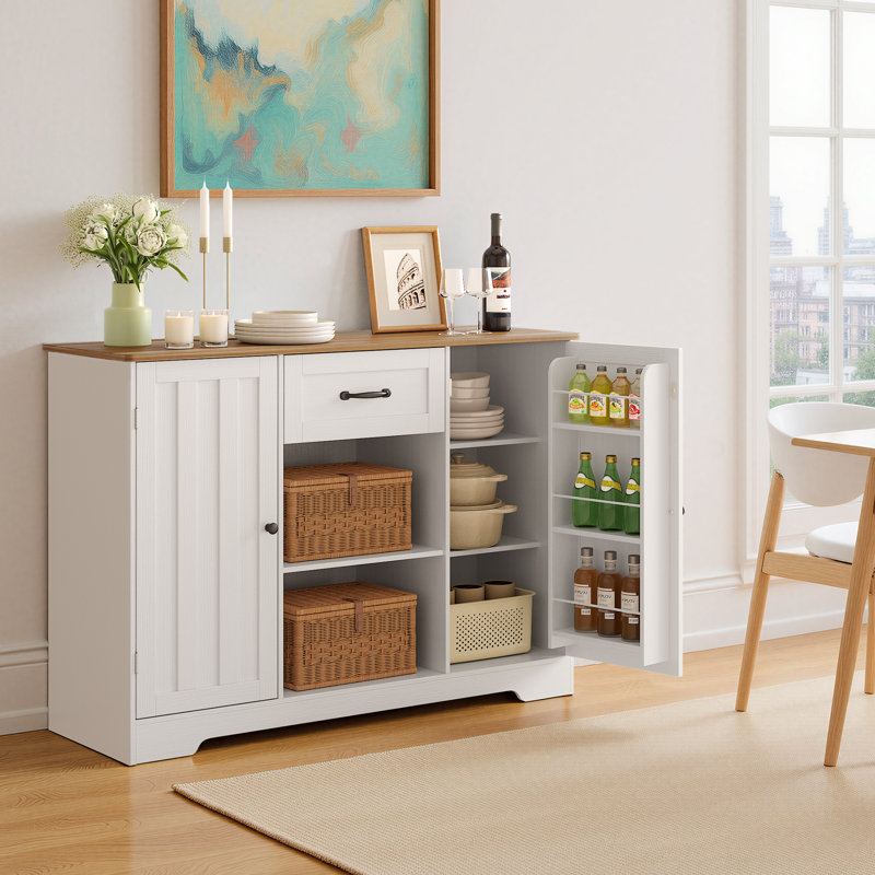 Sideboard with 2 Cabinets, 1 Drawer, and Open Shelves, White/Retro Brown