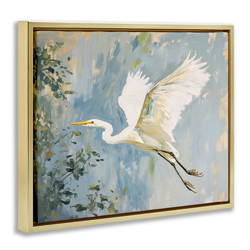 «White Heron in Flight» par Ramona Murdock, H 25 po x l 31 po, Cadre flottant métallique doré
