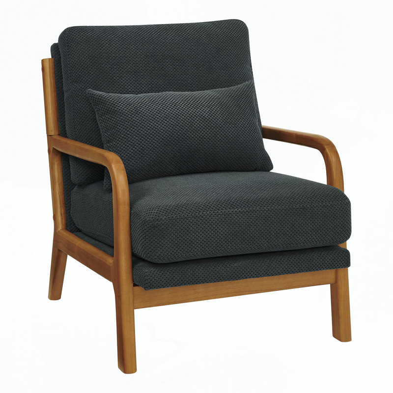 Méridienne en bois avec revêtement Nubby, accoudoirs en bois massif et mousse haute densité, Polyester gris foncé
