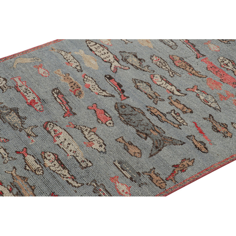 Rug & Kilim’S Mid-Century Style Rug In Blue With Colorful Fish Pictorials, Rectangle 6' x 9'
