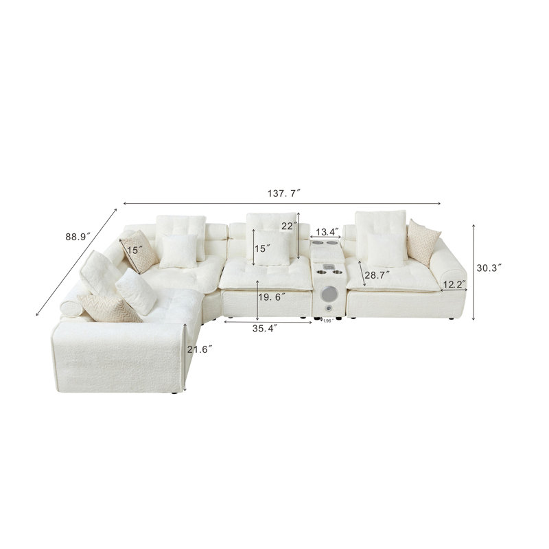 Canapé modulaire 137,7 po, Boucle blanc, 30.3" H x 137.7" W x 88.9" D