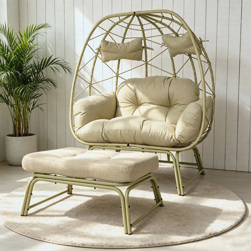 Fauteuil double en osier avec repose-pieds, méridienne pour 2 personnes avec coussins pour le balcon de la cour arrière