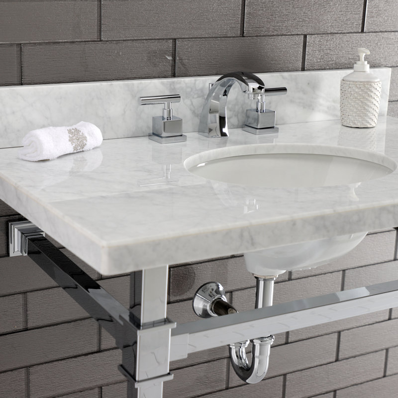 Kingston Brass Monarch 36-Inch Carrara Marble Console Sink with Stainless Steel Legs (8-Inch, 3-Hole)