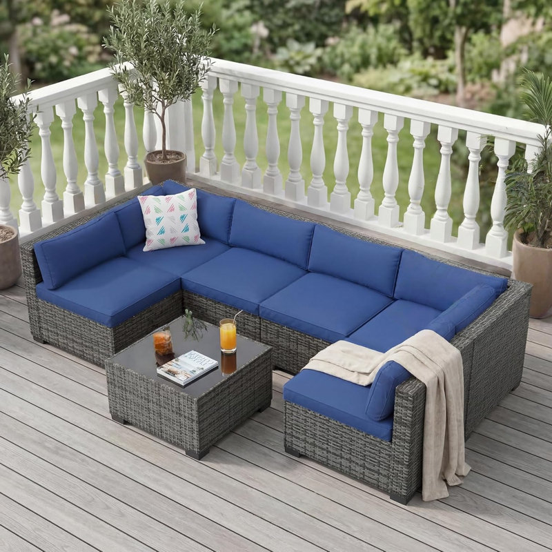 Ensemble de mobilier d'extérieur 7 pièces, canapé modulaire modulaire avec coussins épais lavables résistants à l'eau et table basse, ensemble de conversation en rotin et en osier