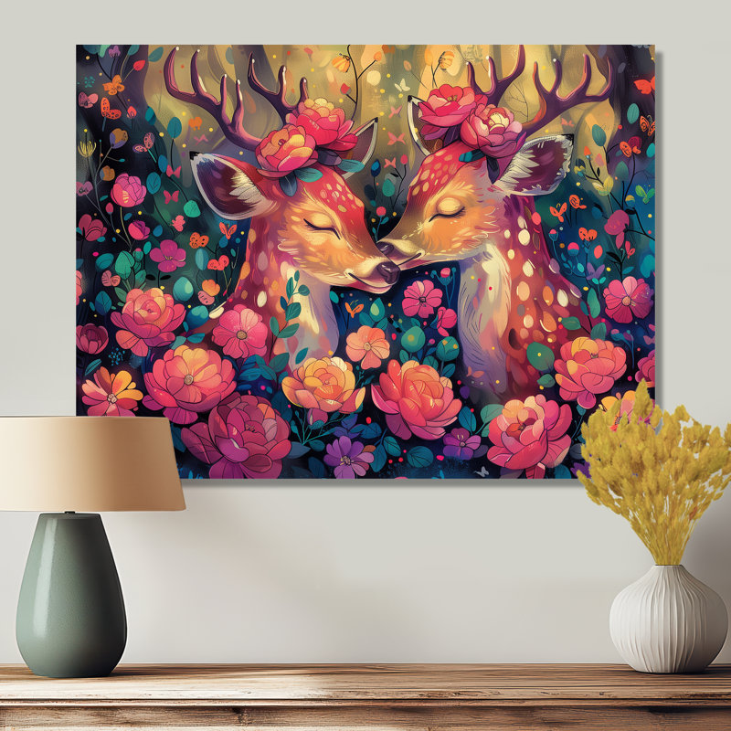 Rose et vert, forêt de cerfs, impression d'art mural, Sans cadre, métal, 12" H x 20" W